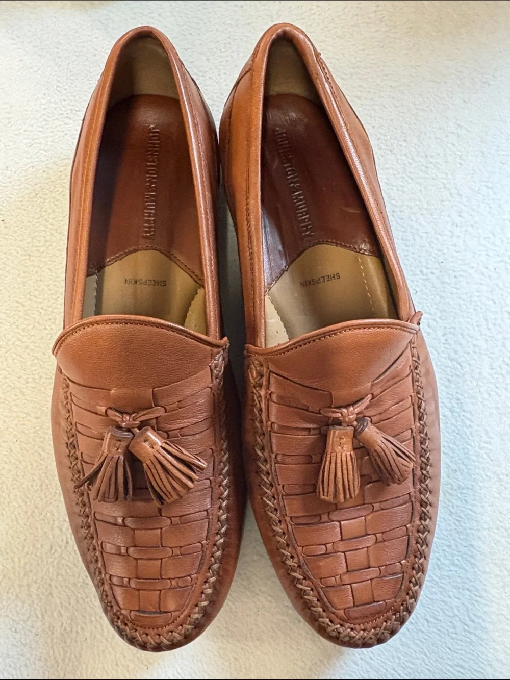 Johnston & Murphy Cognac Leather Tassel Woven Loafers